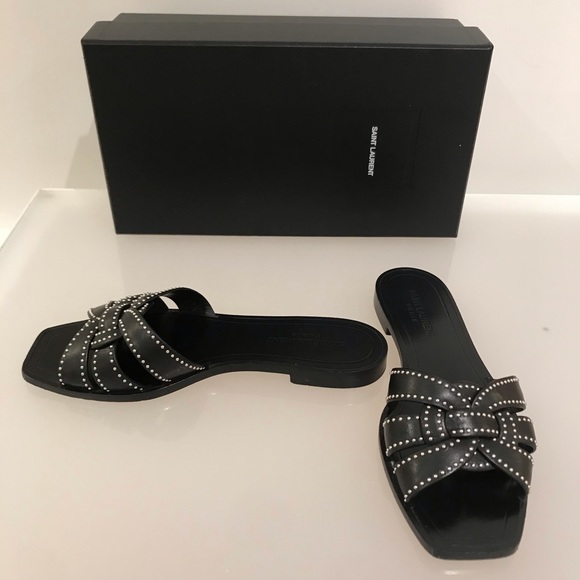 Saint Laurent Woven Leather Slides with Studs - Picture 3 of 6